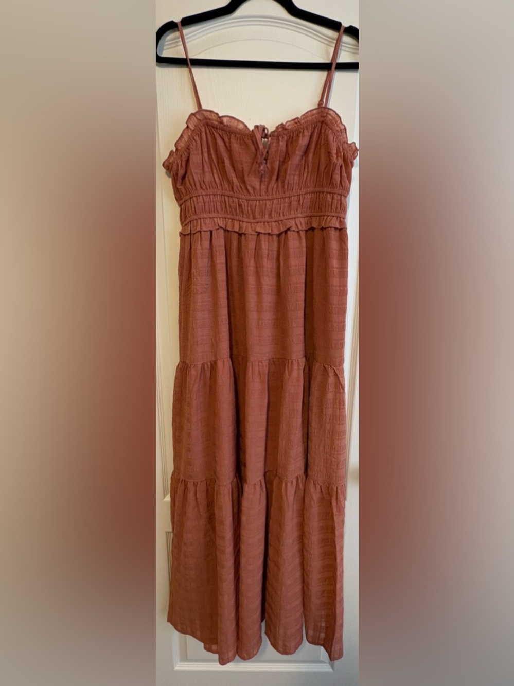 Smocked Spaghetti-Strap Tiered Maxi Dress in Rusty Terracotta